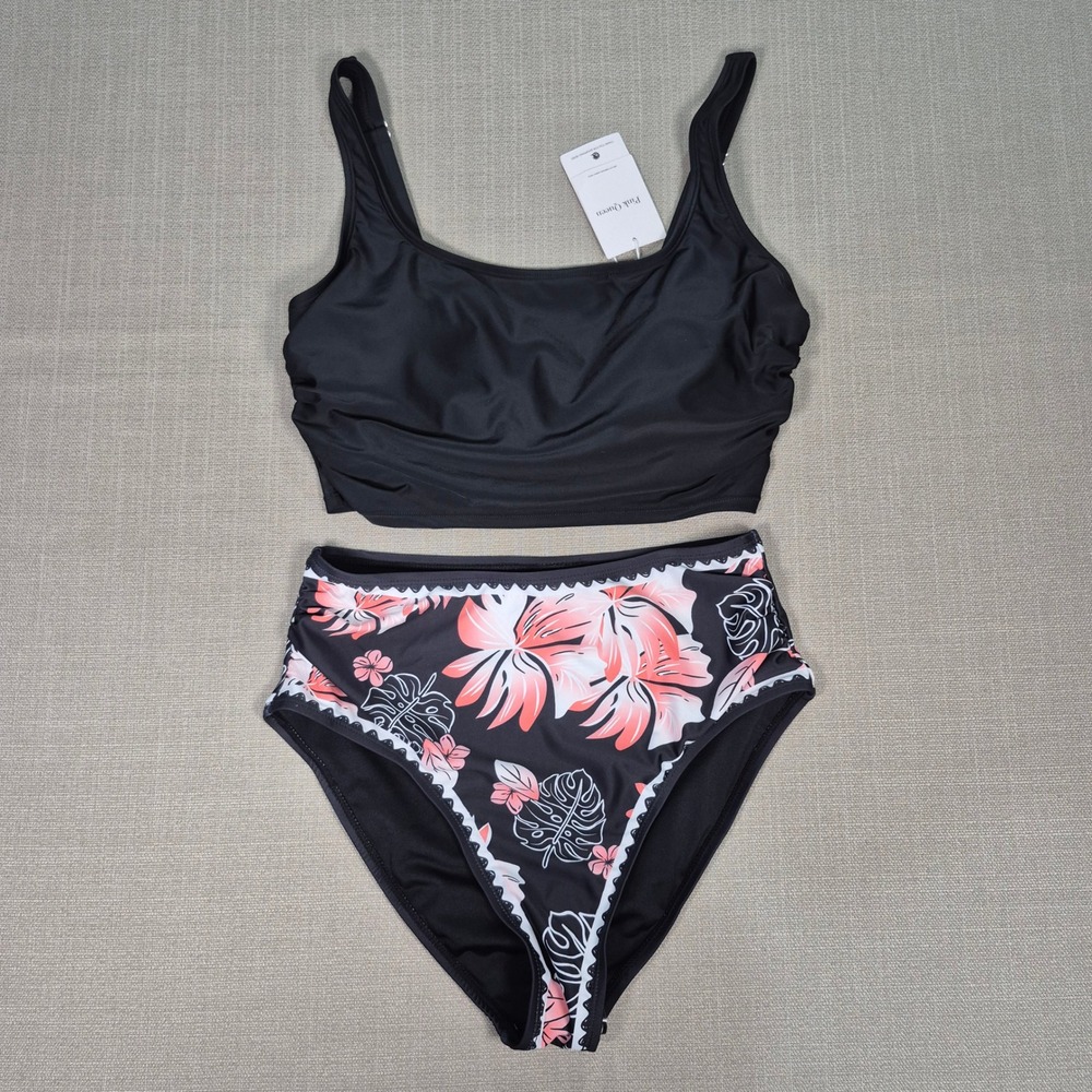 Pink‎ Queen Womens High Waisted Bikini Set Tropical Floral Black Pink Size M NEW